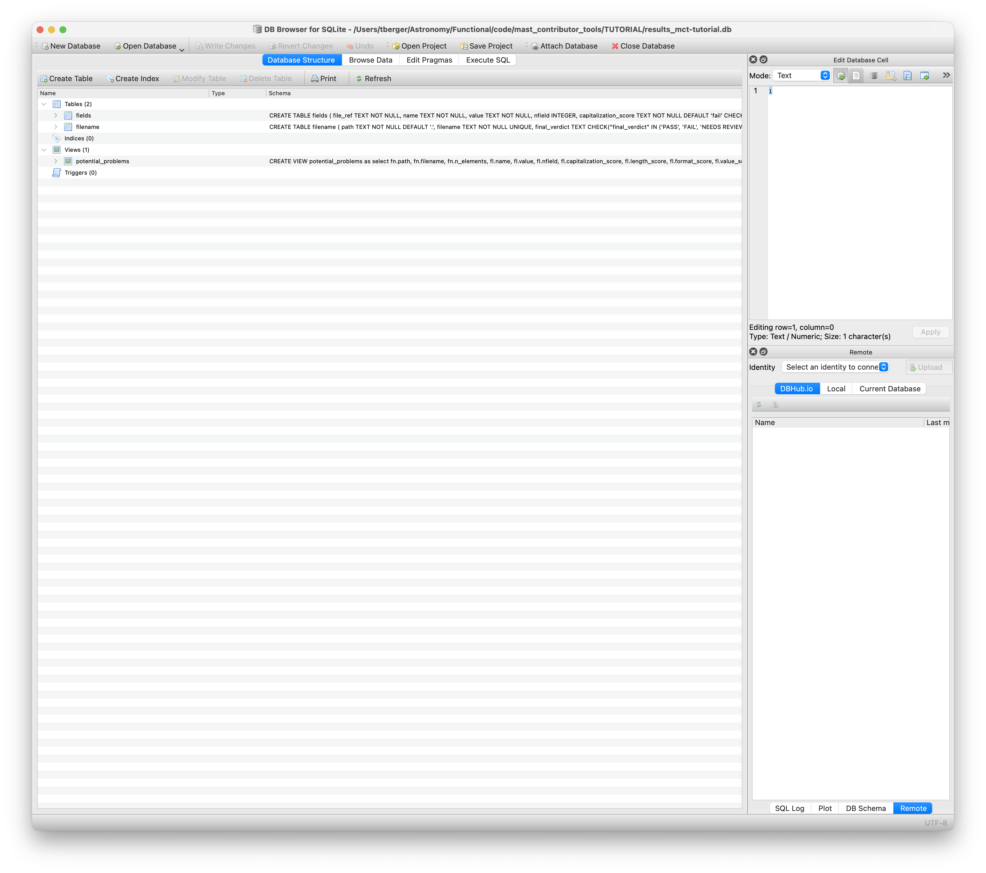 DB Browser for SQLite after opening filename check DB file