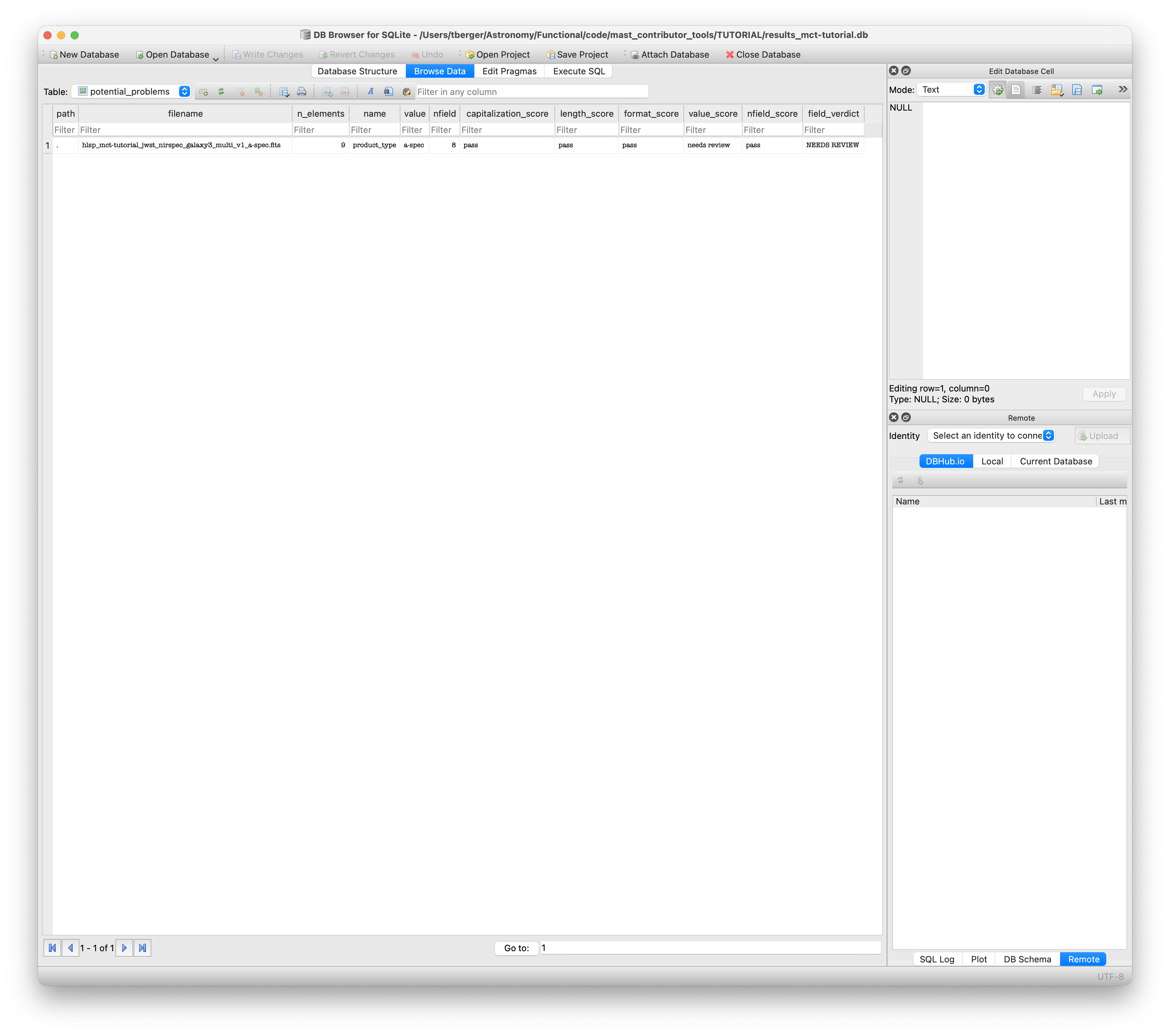 DB Browser for SQLite after opening filename check DB file